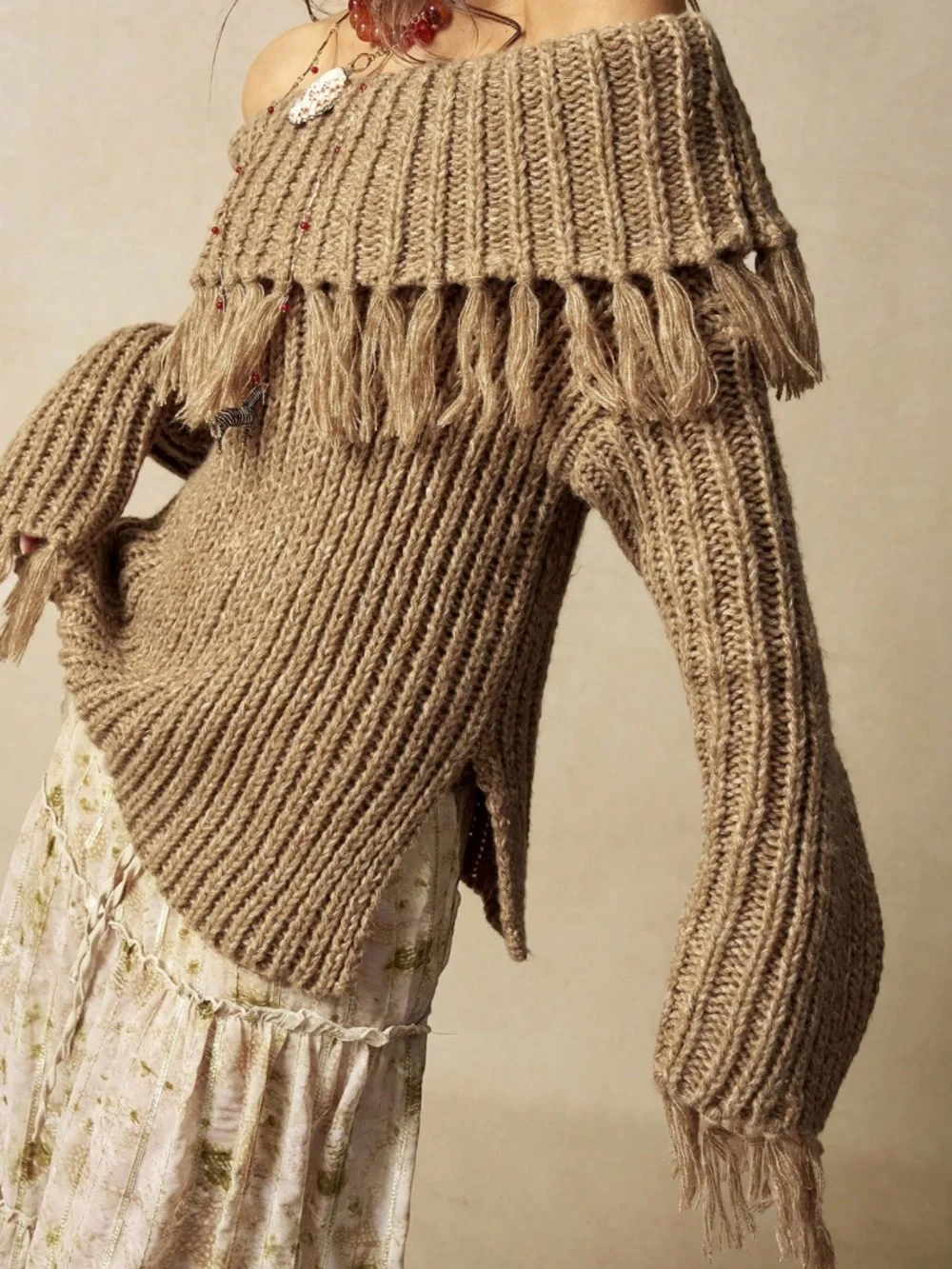 Classic Off Shoulder Foldover Fringe Detail Knit Sweater Top - Picture 4 of 8